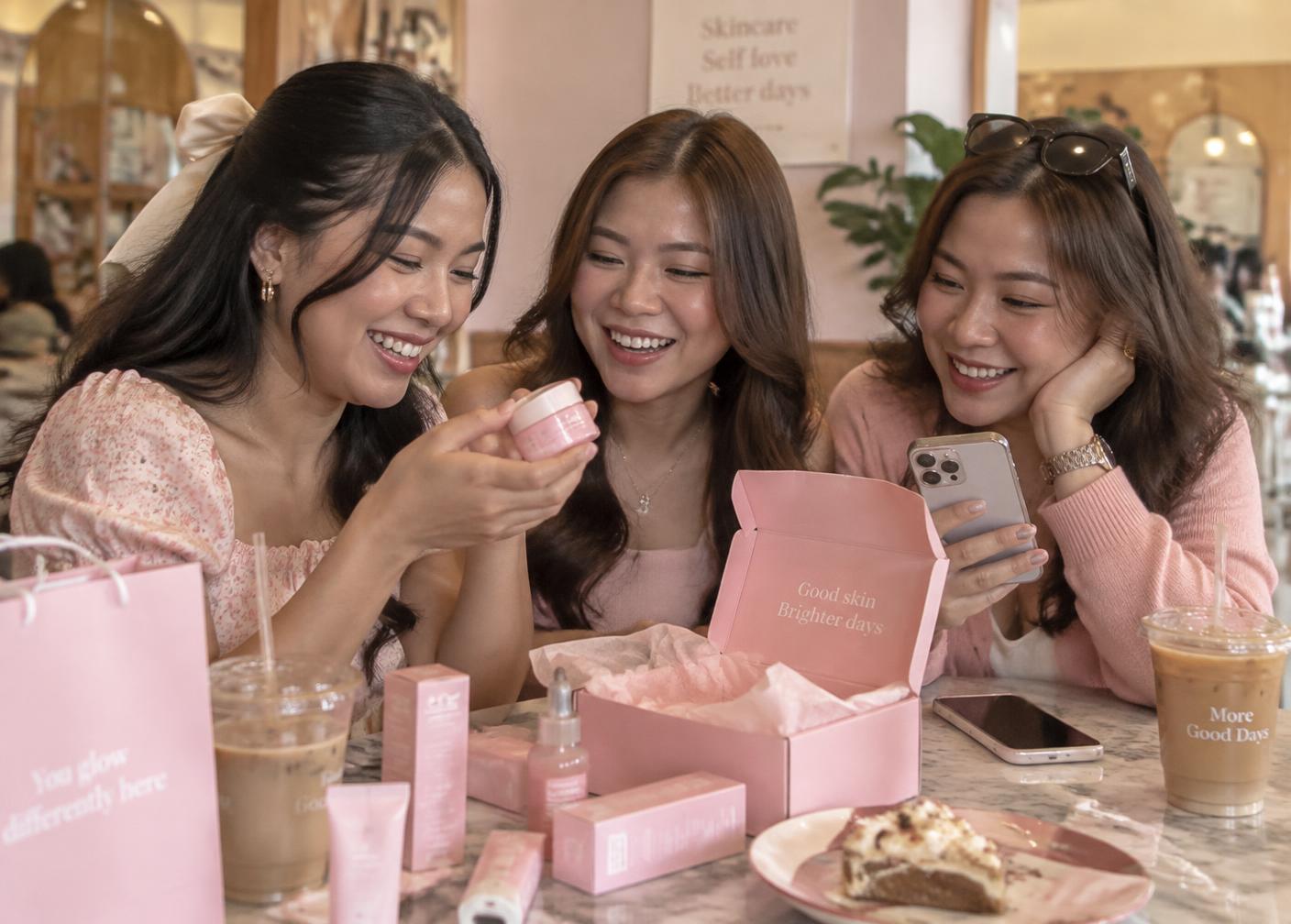 Friends sharing beauty discoveries