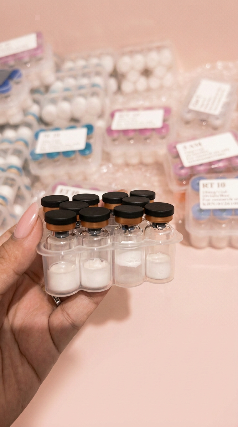 Hand holding a tray of ten research vials